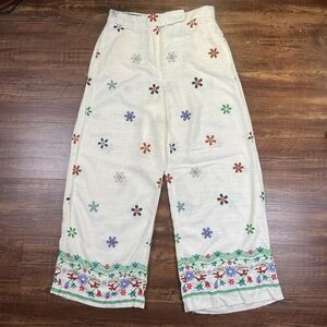 Zara Wide Leg Pants Sz M White Embroidered Floral Linen Blend